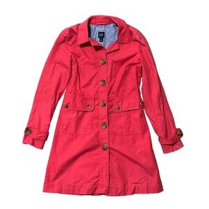 GAP Women's Red Cotton Trench Coat Button Front Utility Pockets Size M
